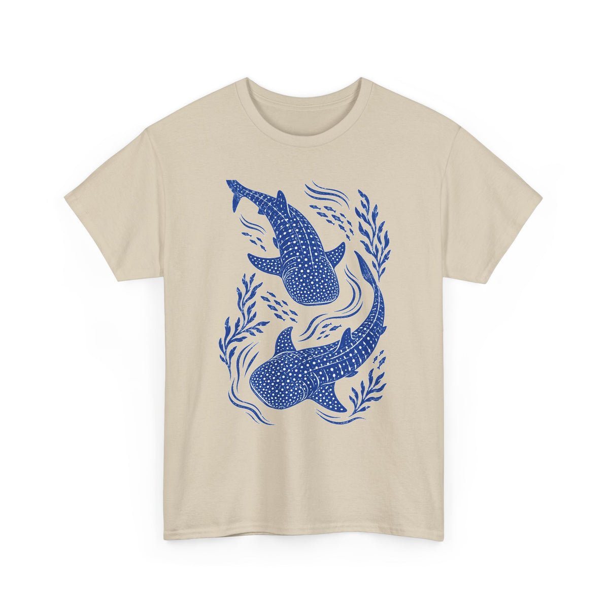 Whale Shark Linocut T-Shirt Blue Block Print Ocean Seaweed Fish Tee