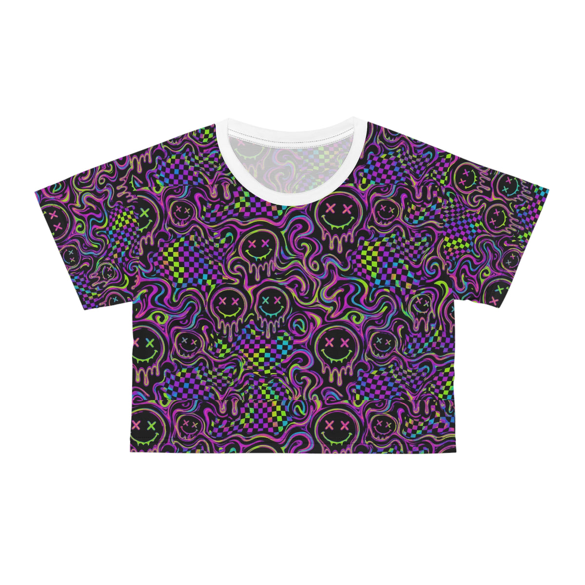 Neon Acid Smiley Rave Crop Top Women Trippy Checkerboard EDM Festival Outfit
