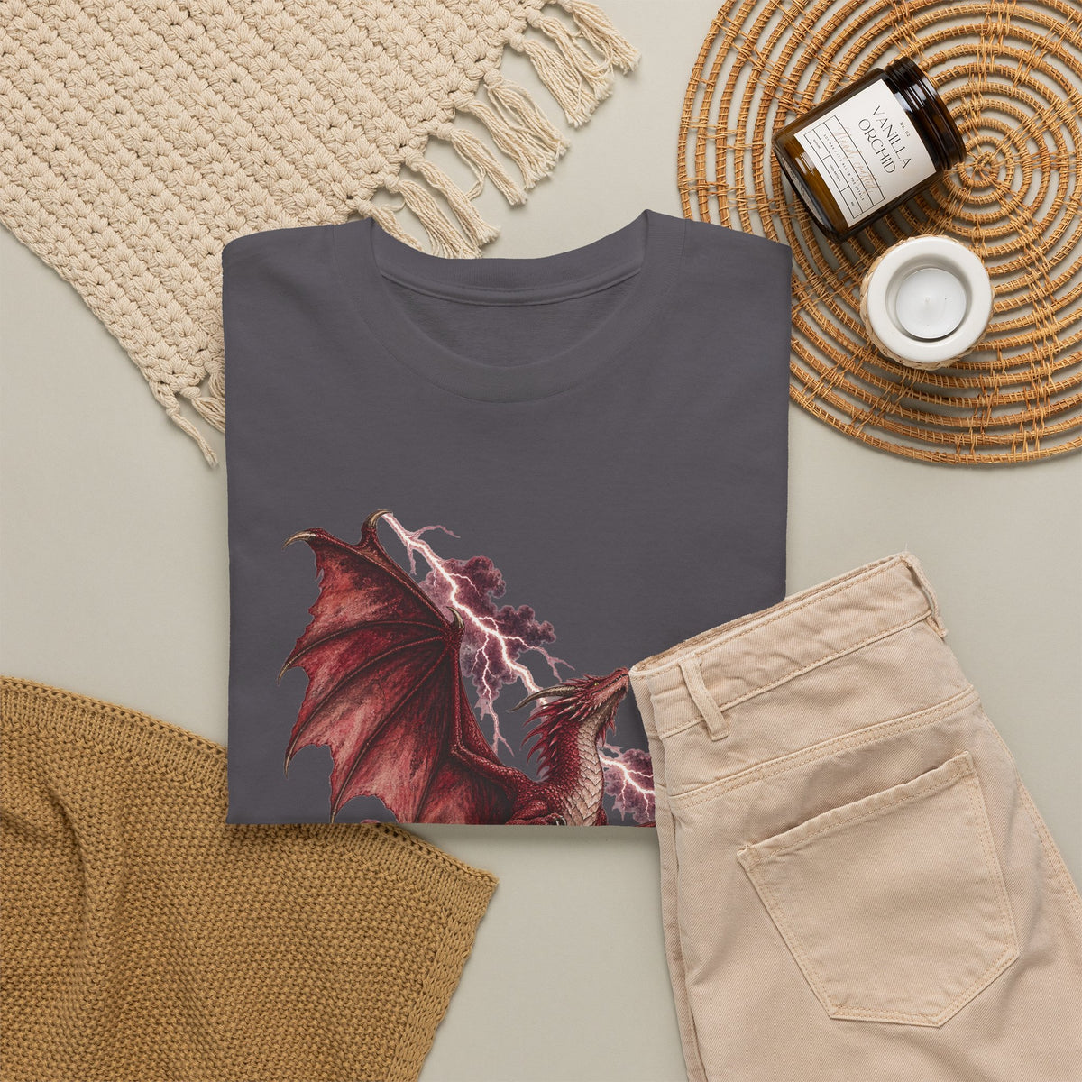 Red Lightning Storm Dragon T-Shirt Crimson Dragon Pink Lightning Purple Storm Clouds Fantasy Tee