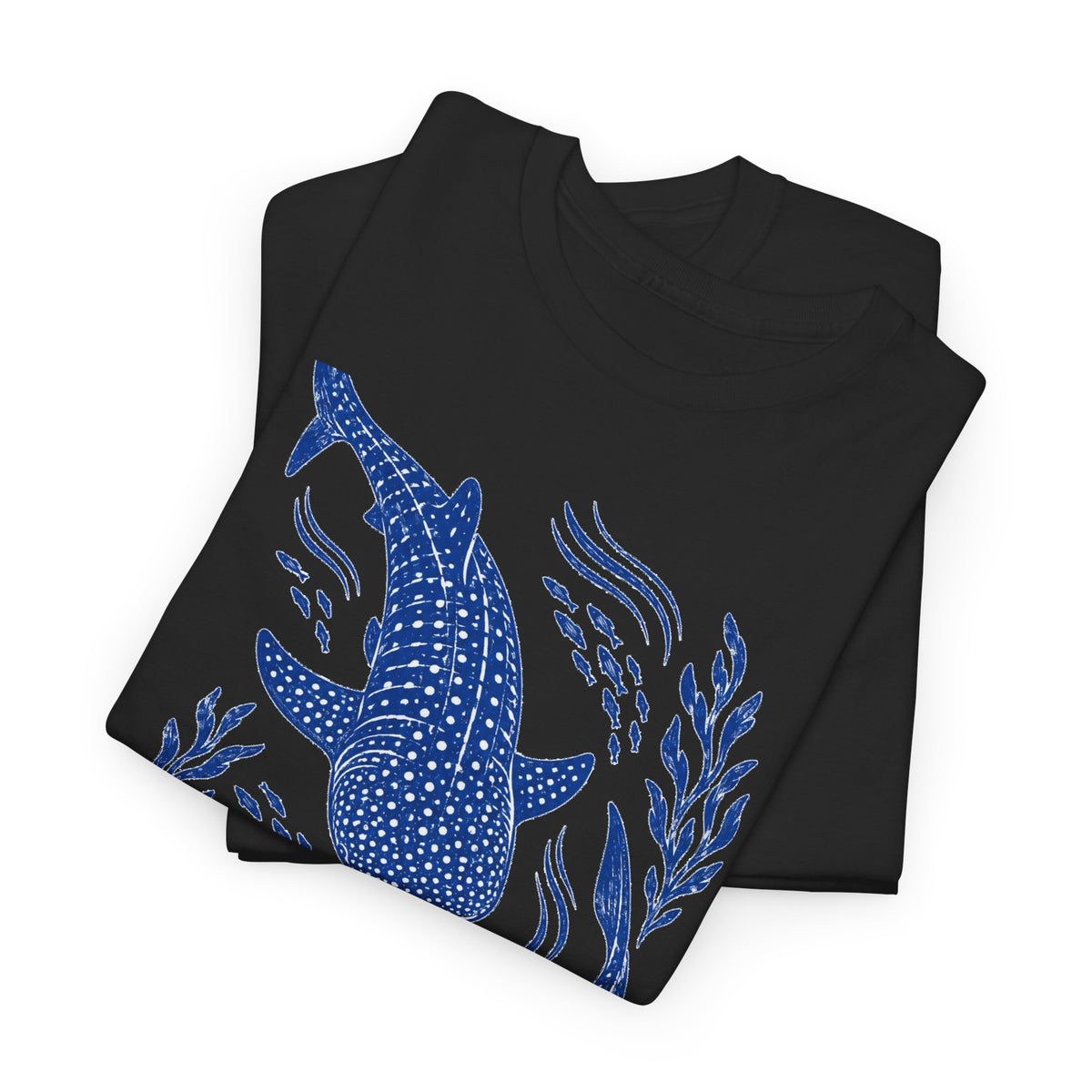 Whale Shark Linocut T-Shirt Blue Block Print Ocean Seaweed Fish Tee