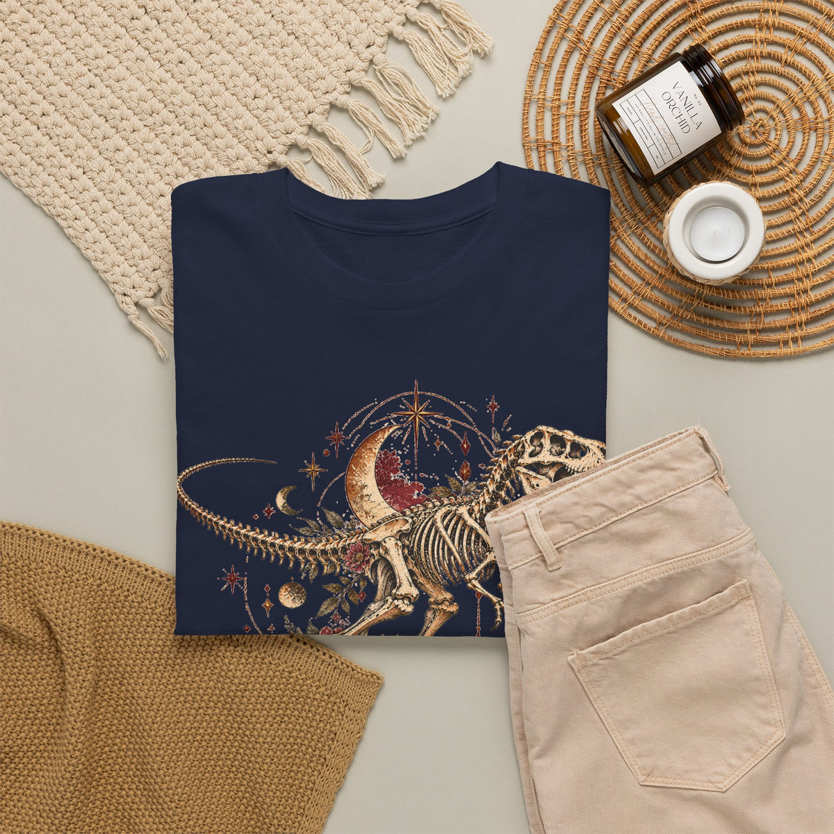 Celestial T-Rex Skeleton T-Shirt, Dinosaur Fossil Moon Stars Graphic Tee Unisex Dark Academia Shirt