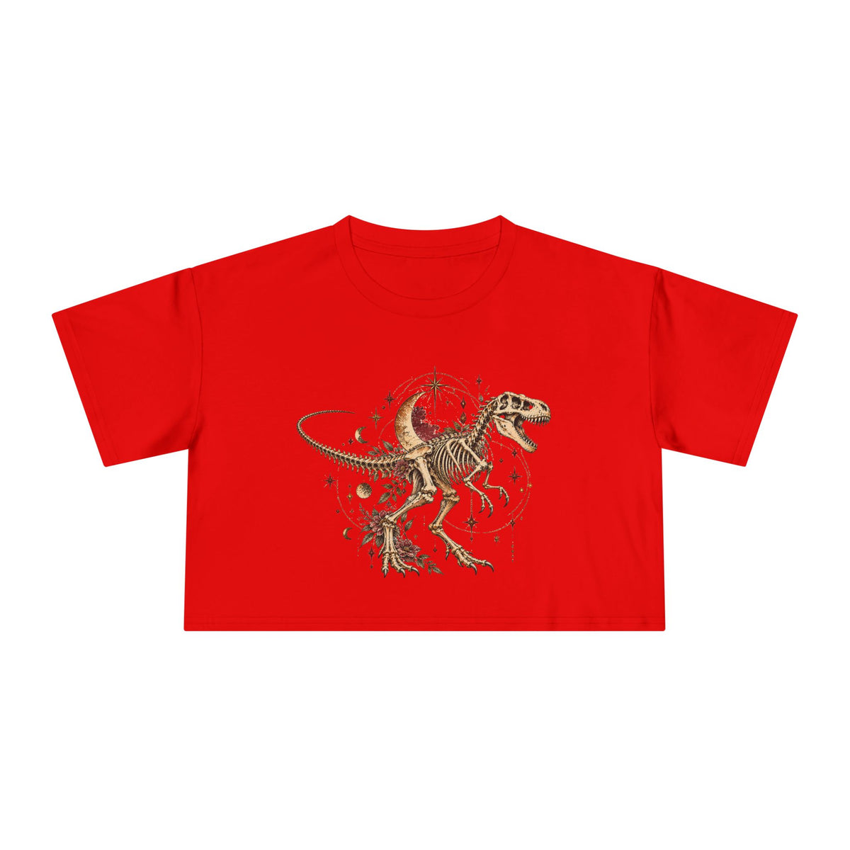 Celestial T-Rex Skeleton Crop Tee, Dark Academia Moon Stars Floral Dinosaur Women's Cropped T-Shirt