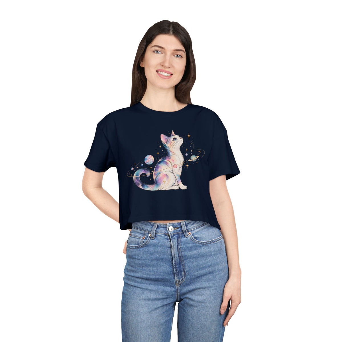 Cosmic Galaxy Cat Crop Tee, Pastel Watercolor Cat Planets Gold Stars Celestial Women's Cropped T-Shirt