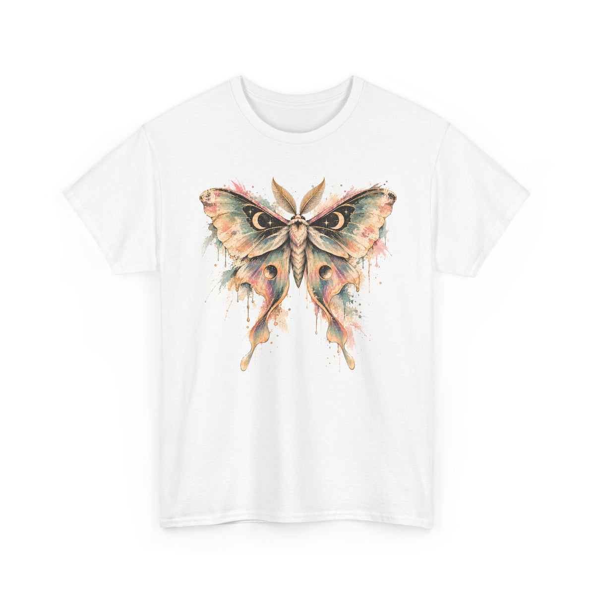 Celestial Luna Moth T-Shirt, Pastel Watercolor Moth Crescent Moon Stars Paint Drip Graphic Tee Unisex