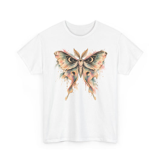 Celestial Luna Moth T-Shirt, Pastel Watercolor Moth Crescent Moon Stars Paint Drip Graphic Tee Unisex