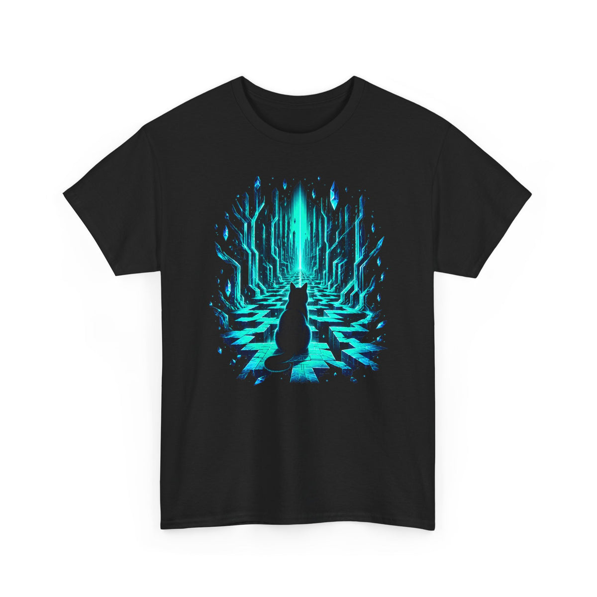 Glowing Crystal Maze Cat T-Shirt Black Cat Neon Teal Labyrinth Fantasy Tee