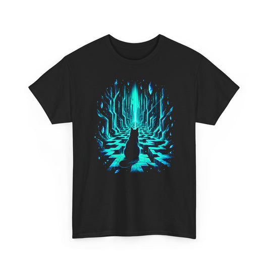 Glowing Crystal Maze Cat T-Shirt Black Cat Neon Teal Labyrinth Fantasy Tee