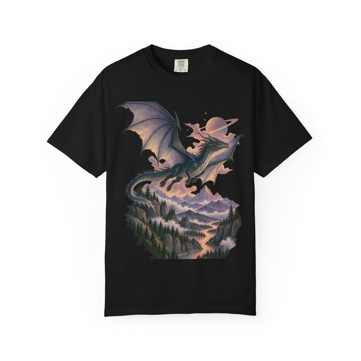 Celestial Dragon Over Forest Tee Fantasy Ringed Planet Mountain Shirt