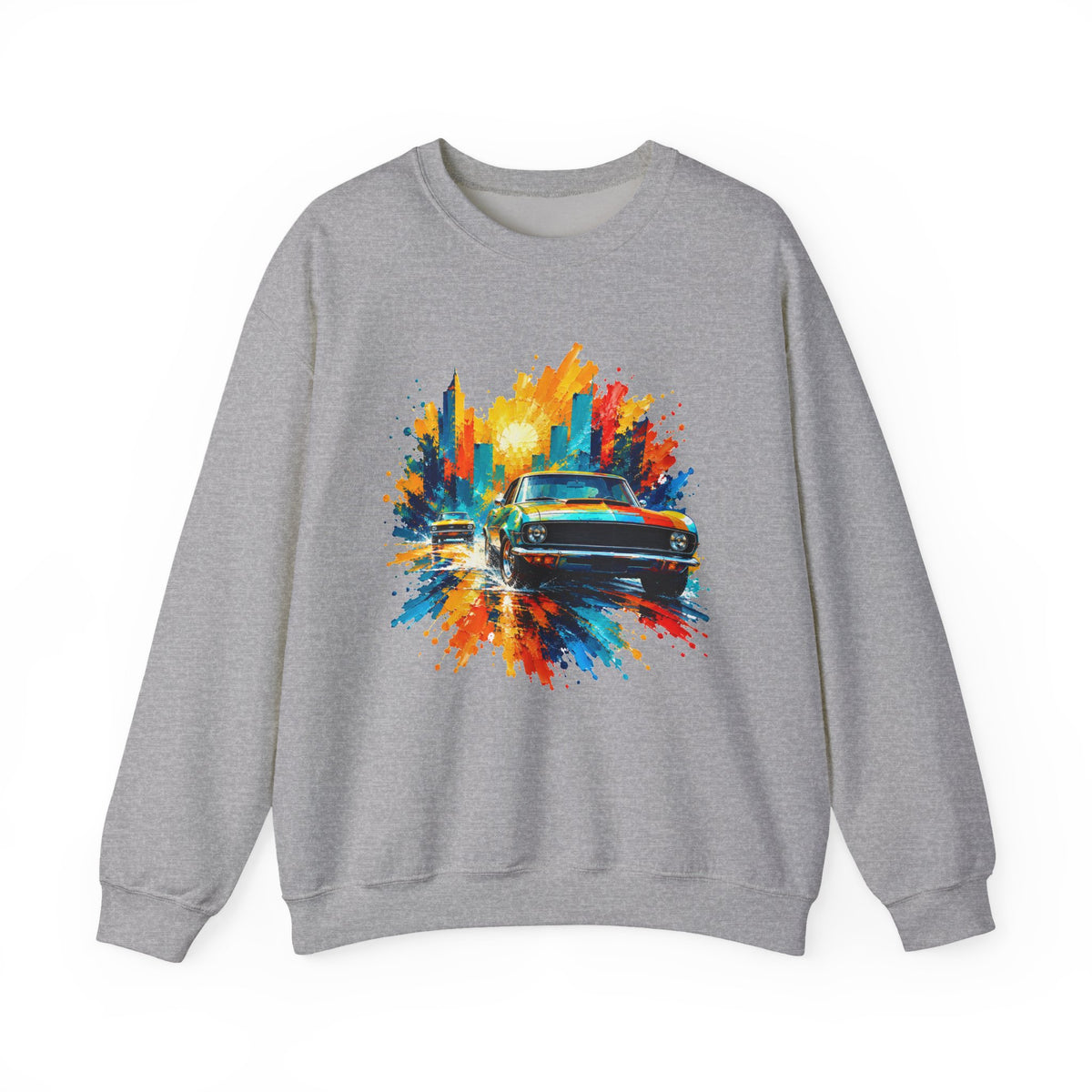 Paint Splash Muscle Car Crewneck Sweatshirt Colorful City Sunset Classic Car Art