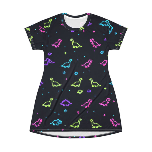 Neon Dinosaur Space T Shirt Dress Women All Over Print Galaxy Dino Stars Black