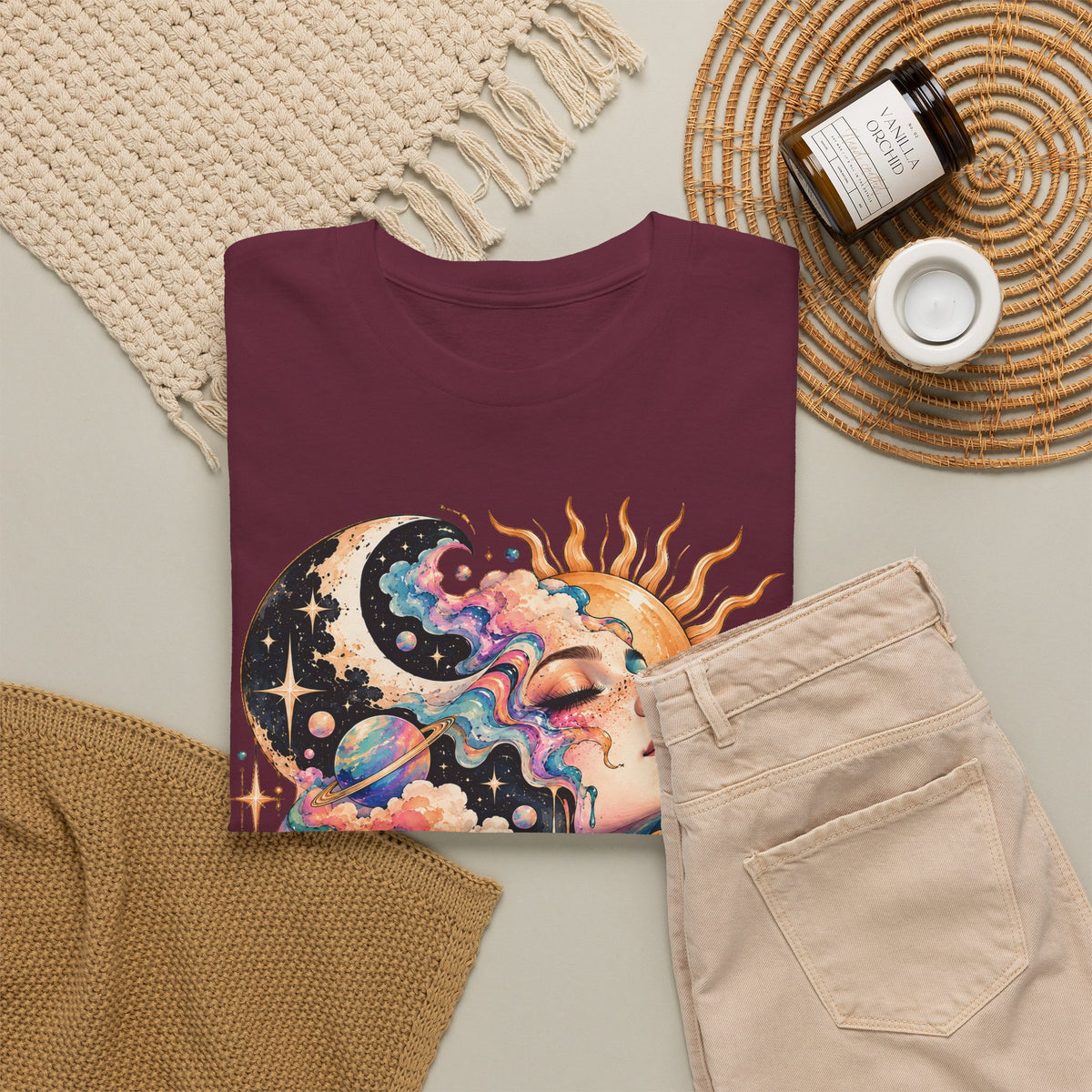 Celestial Sun and Moon Woman T-Shirt, Pastel Cloud Hair Melting Drip Planets Stars Graphic Tee Unisex