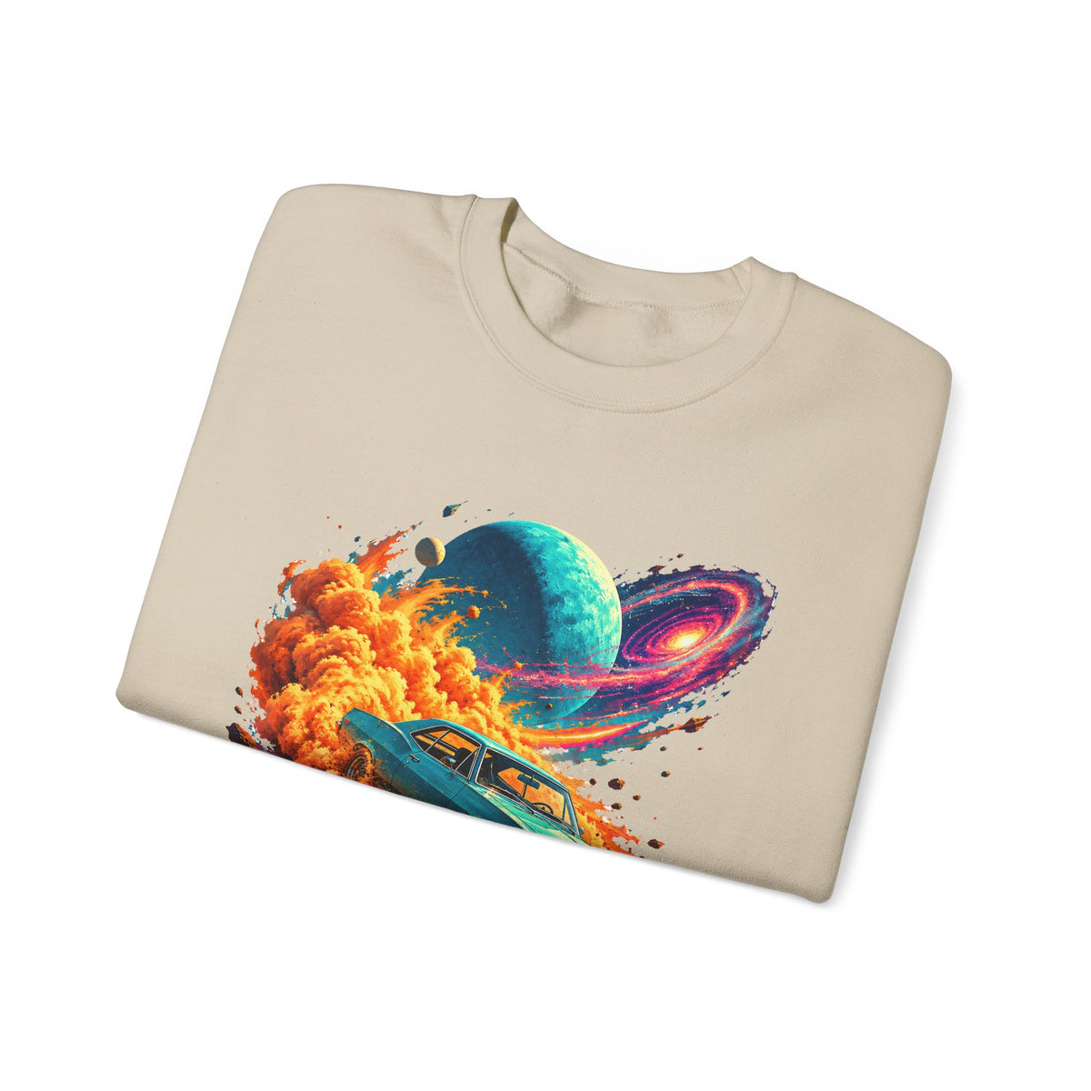 Cosmic Muscle Car Drift Crewneck Sweatshirt Teal Classic Car Orange Dust Planet Galaxy Art