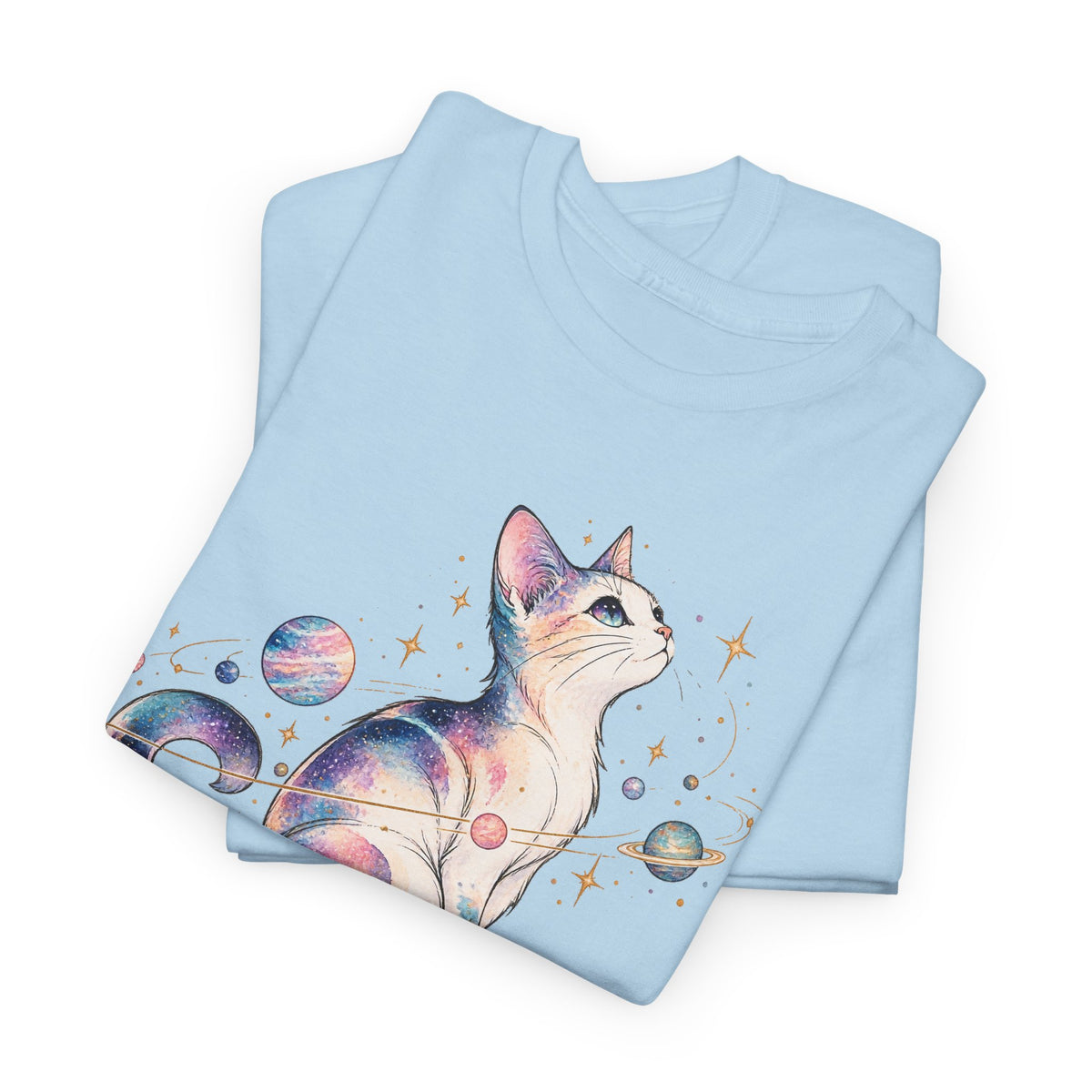 Cosmic Galaxy Cat T-Shirt, Pastel Watercolor Cat Planets Gold Stars Celestial Graphic Tee Unisex