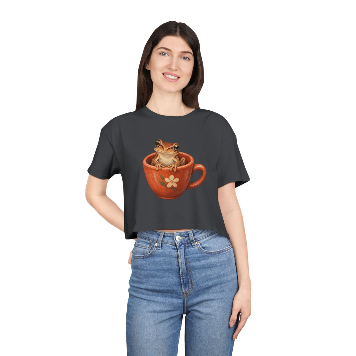 Frog in Teacup Crop Tee Cute Amphibian Womens Graphic Crop Top