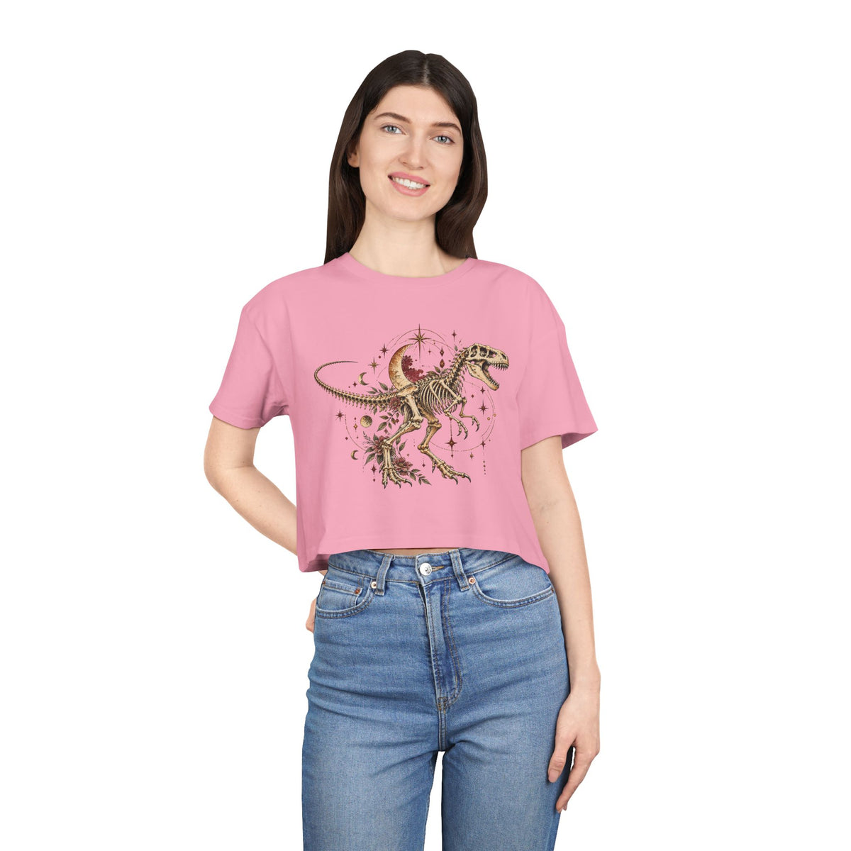 Celestial T-Rex Skeleton Crop Tee, Dark Academia Moon Stars Floral Dinosaur Women's Cropped T-Shirt