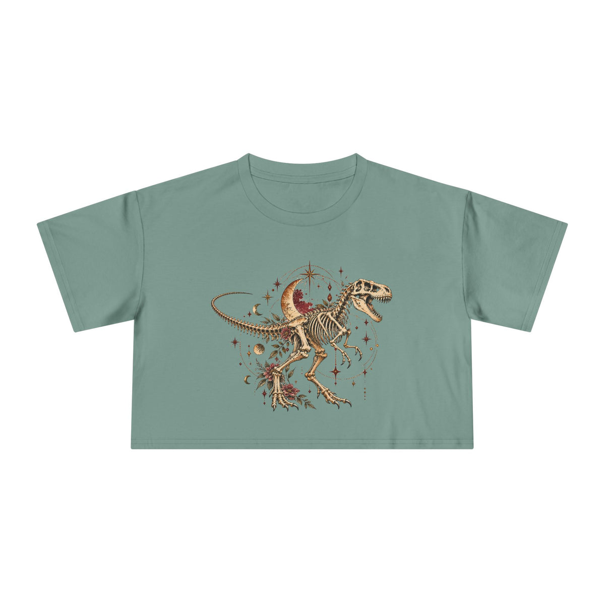 Celestial T-Rex Skeleton Crop Tee, Dark Academia Moon Stars Floral Dinosaur Women's Cropped T-Shirt