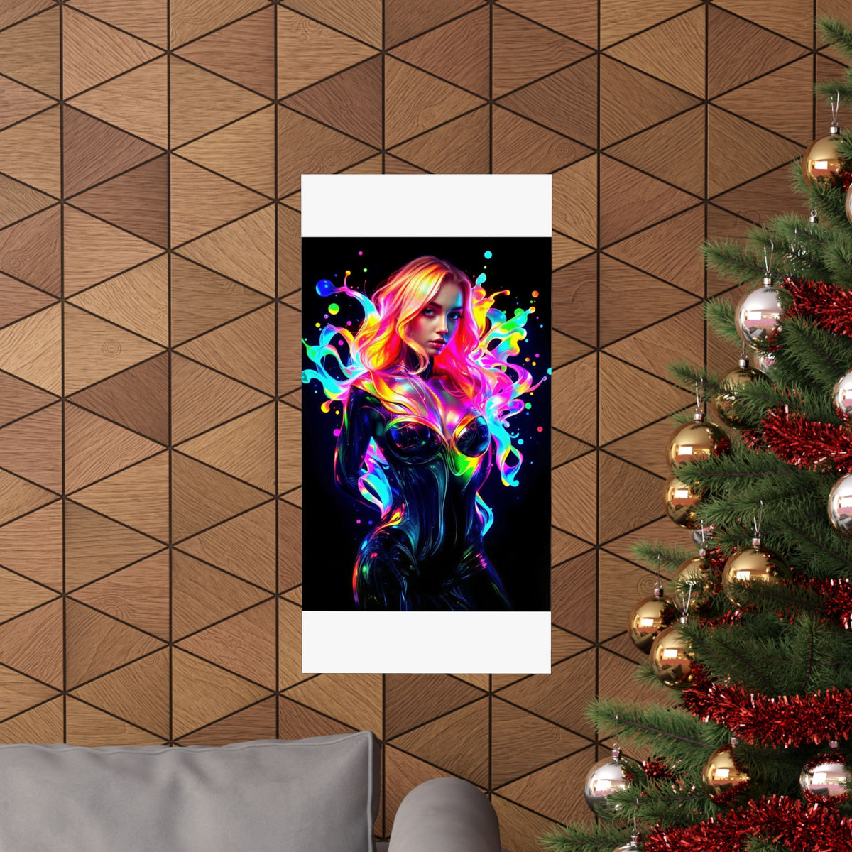 Neon Splash Rainbow Hair Woman Poster Matte Vertical Wall Art
