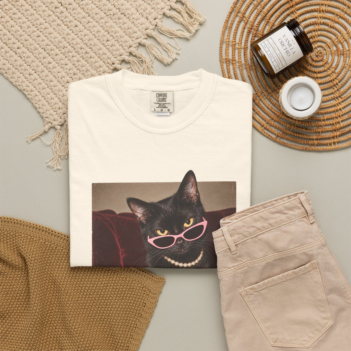 Respectfully What the Fluff Funny Cat Tee Black Cat Sunglasses Pearls Shirt