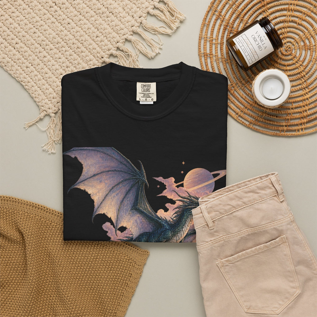 Celestial Dragon Over Forest Tee Fantasy Ringed Planet Mountain Shirt