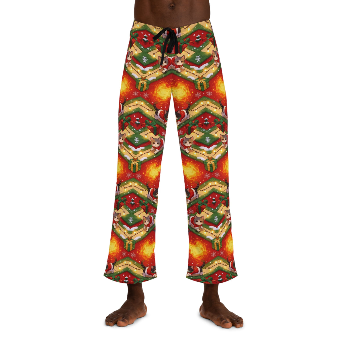 Green Christmas Dragon Kittens Mens Pajama Pants Holiday Sleep Pants