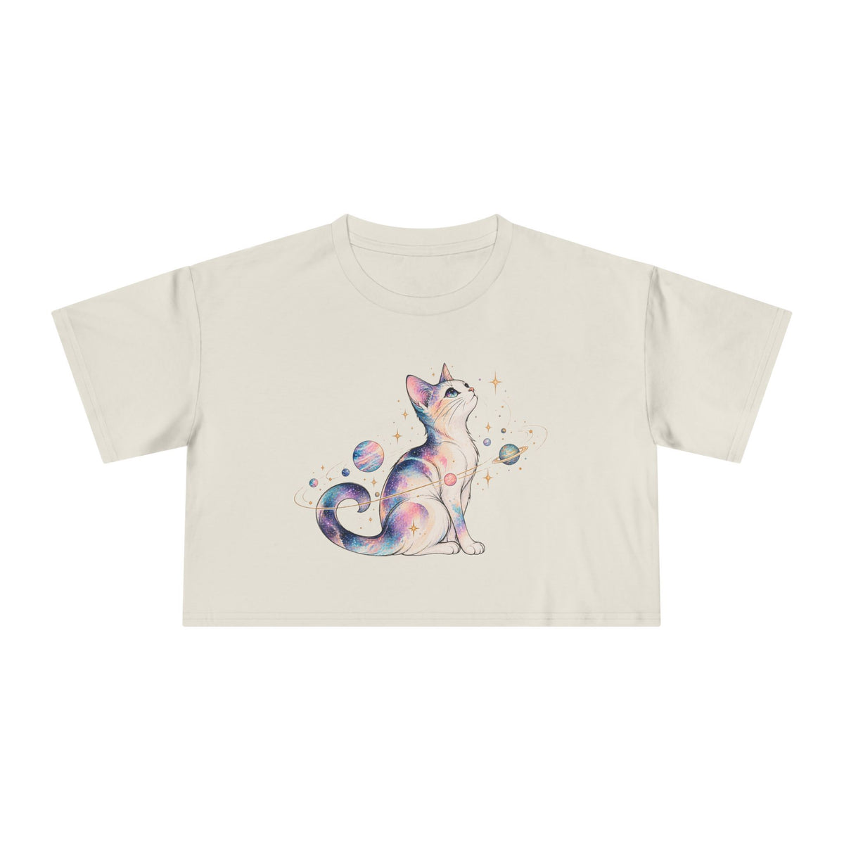 Cosmic Galaxy Cat Crop Tee, Pastel Watercolor Cat Planets Gold Stars Celestial Women's Cropped T-Shirt