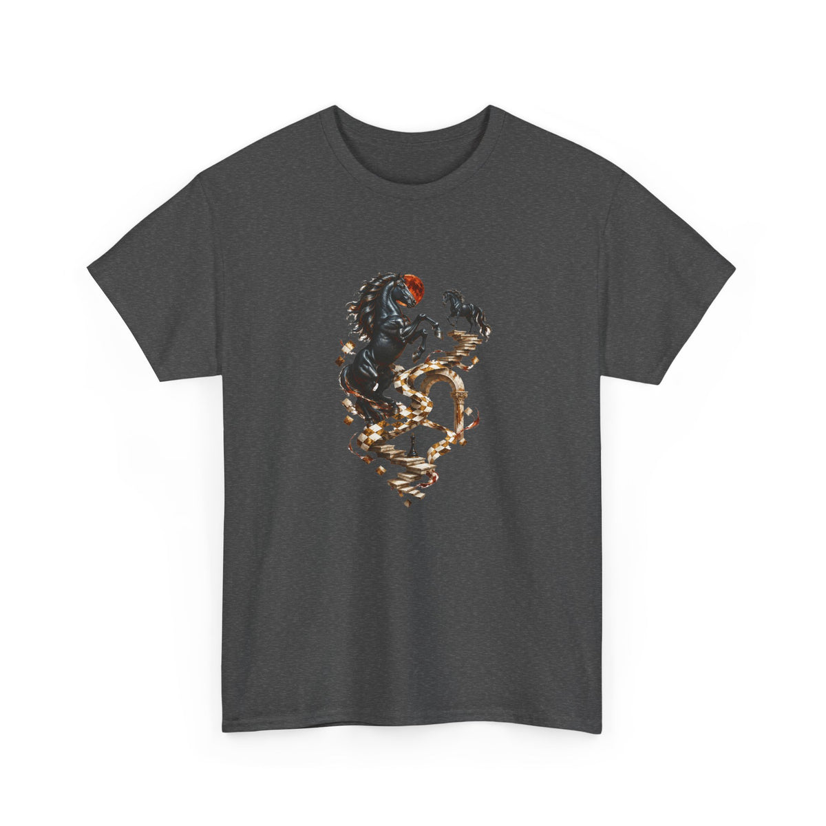 Surreal Black Horses Chess Fantasy T-Shirt Rearing Stallions Stairs Moon Tee