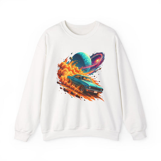 Cosmic Muscle Car Drift Crewneck Sweatshirt Teal Classic Car Orange Dust Planet Galaxy Art