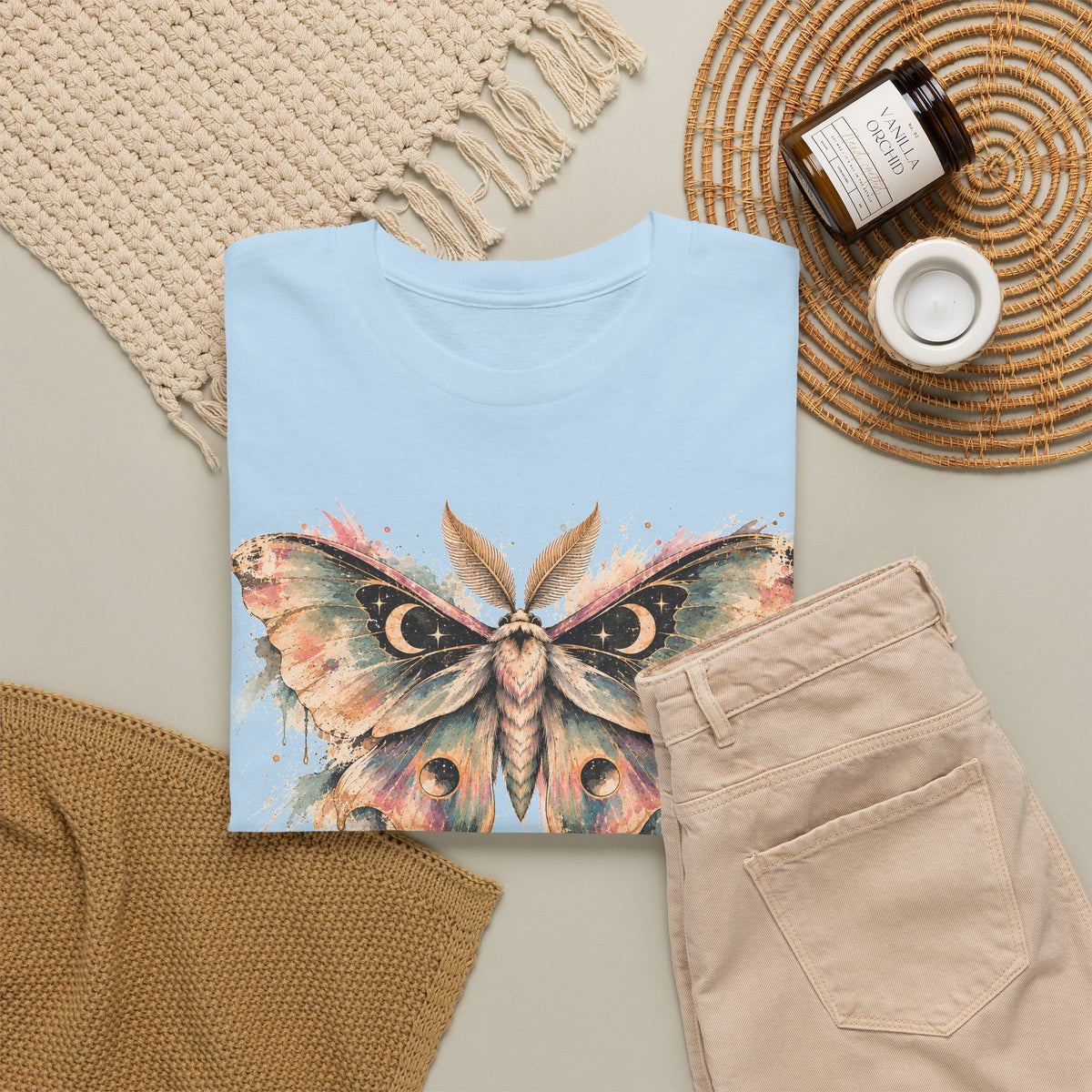 Celestial Luna Moth T-Shirt, Pastel Watercolor Moth Crescent Moon Stars Paint Drip Graphic Tee Unisex