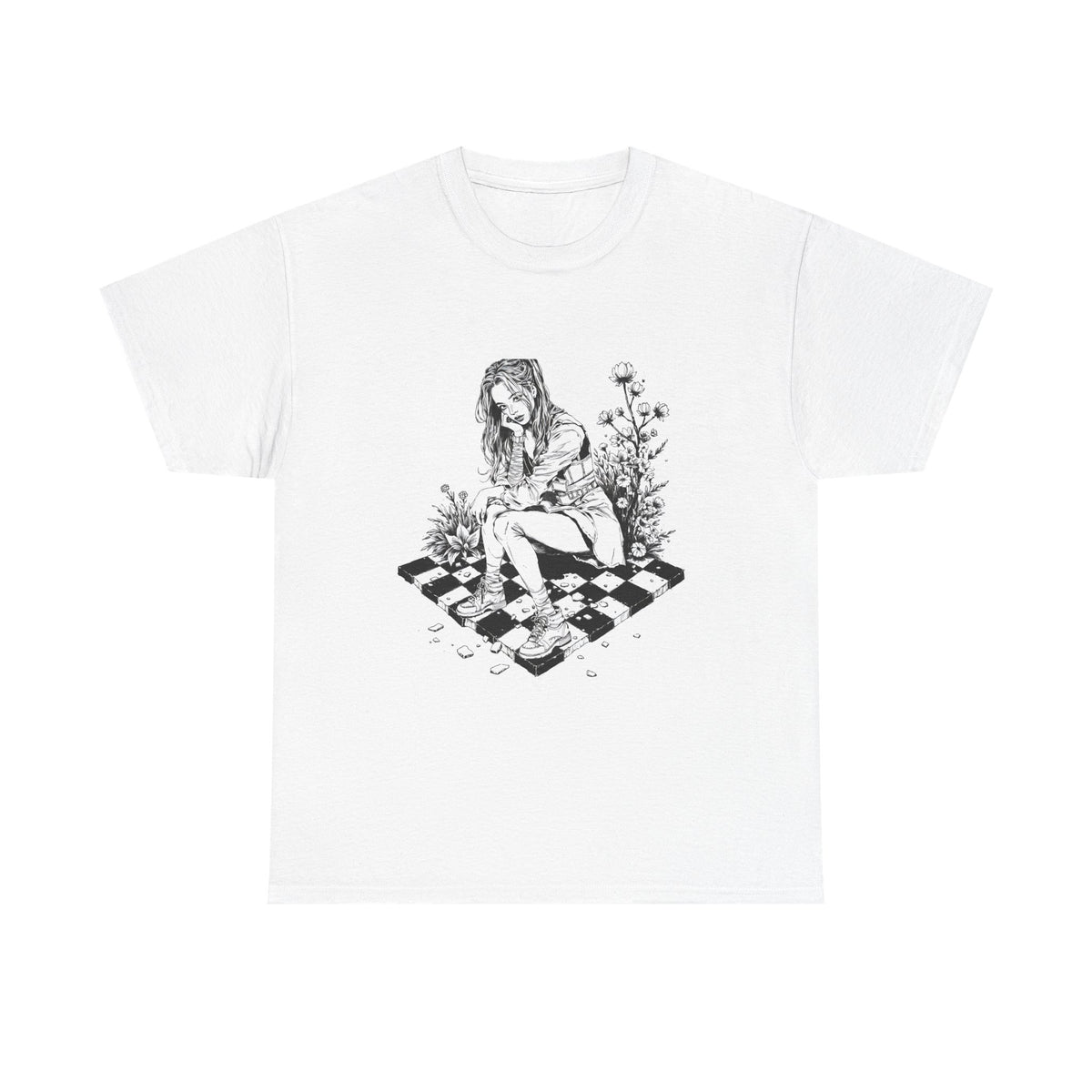 Gothic Girl Line Art Sketch Graphic Tee Unisex Heavy Cotton T-Shirt
