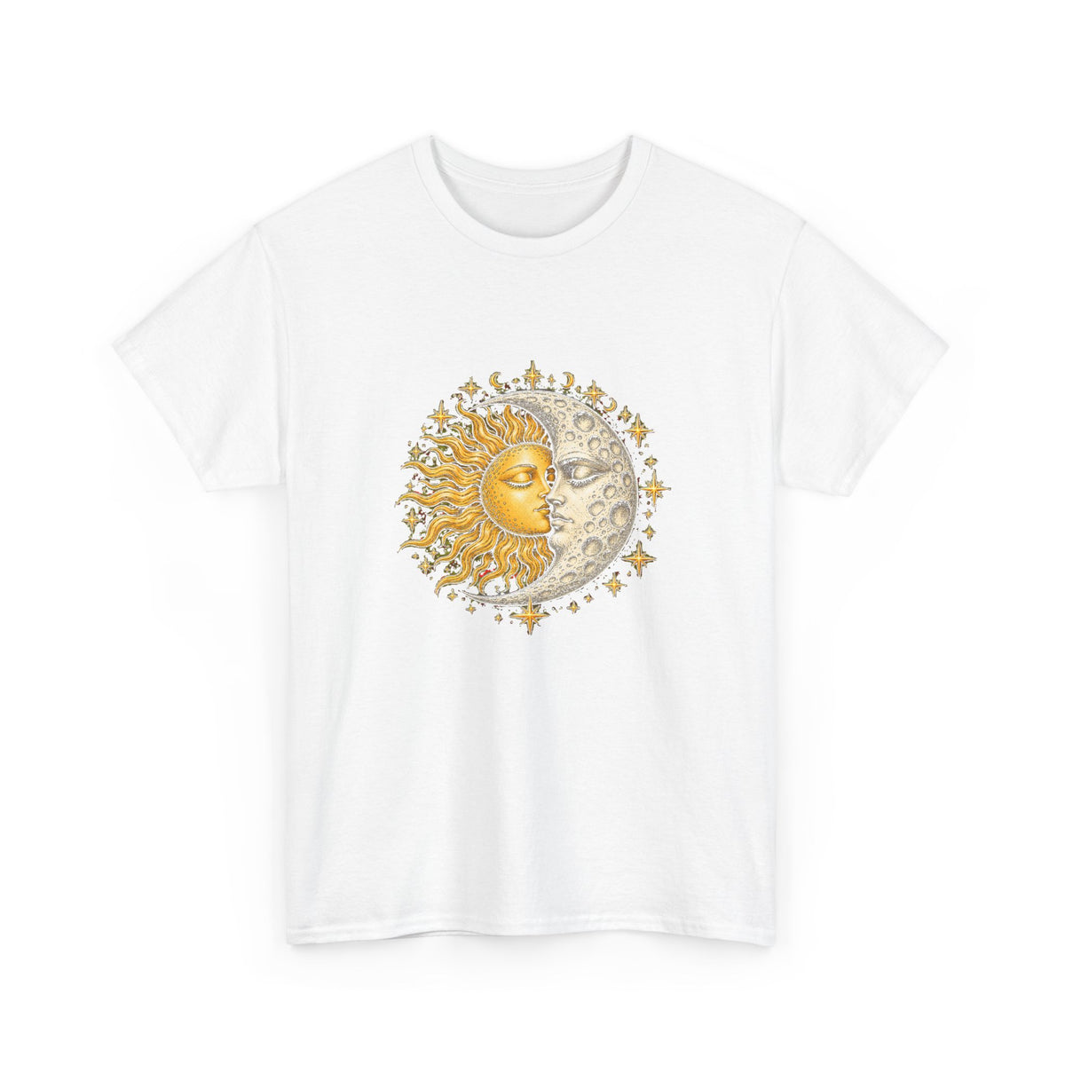Celestial Sun and Moon Kiss T-Shirt Gold Silver Stars Romance Woodcut Tee