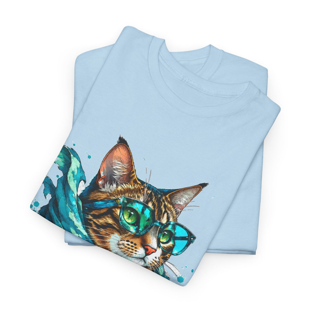 Tabby Cat in Glasses and Scarf T-Shirt Cool Hipster Cat Teal Splash Art
