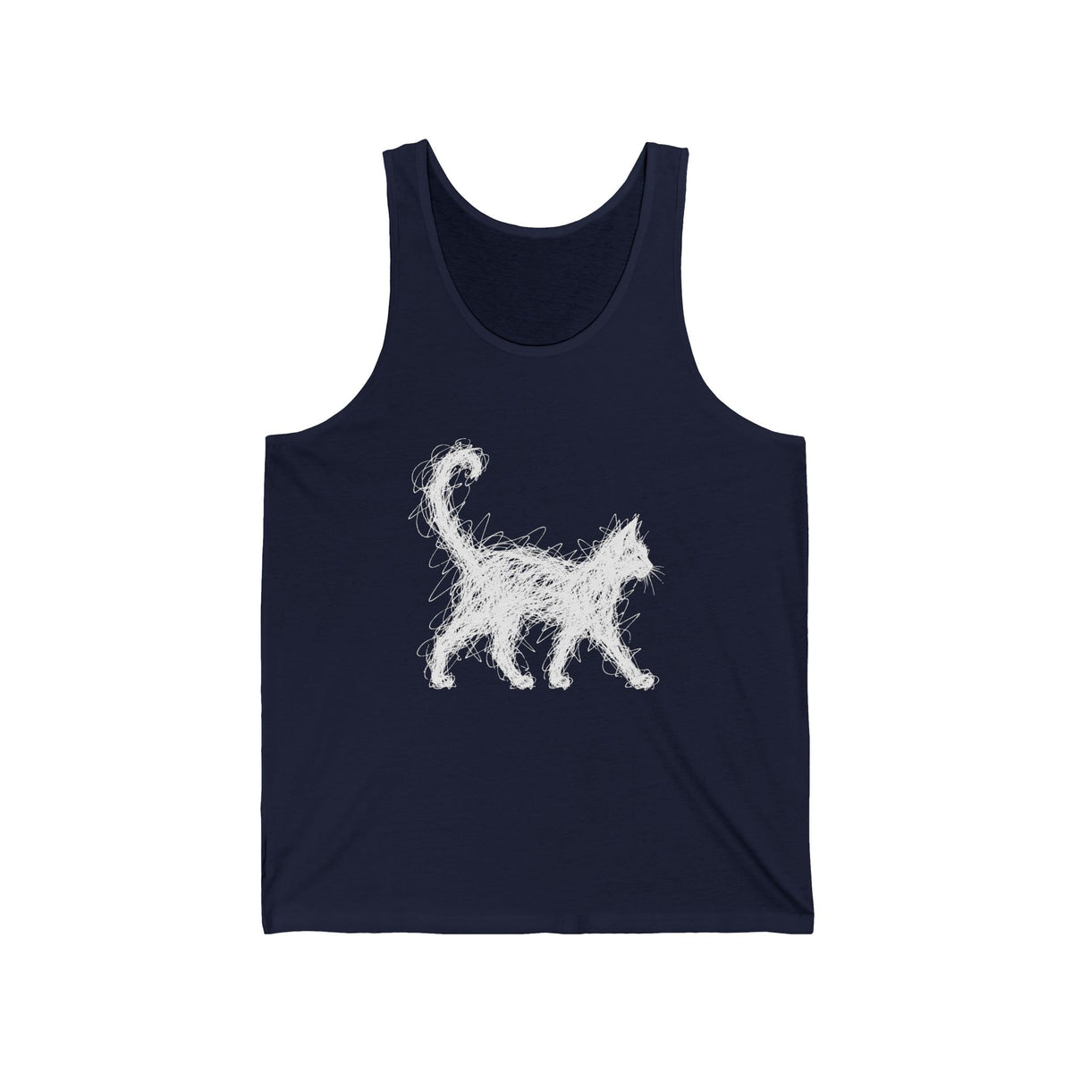 Scribble White Cat on Black Tank Top Minimal Line Art Cat