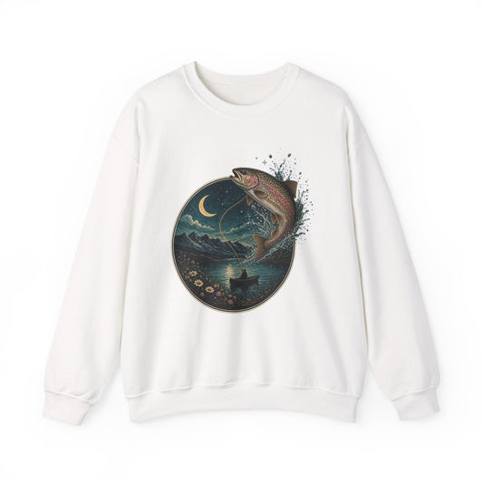 Rainbow Trout Fishing Sweatshirt Moonlit Lake Fly Fishing