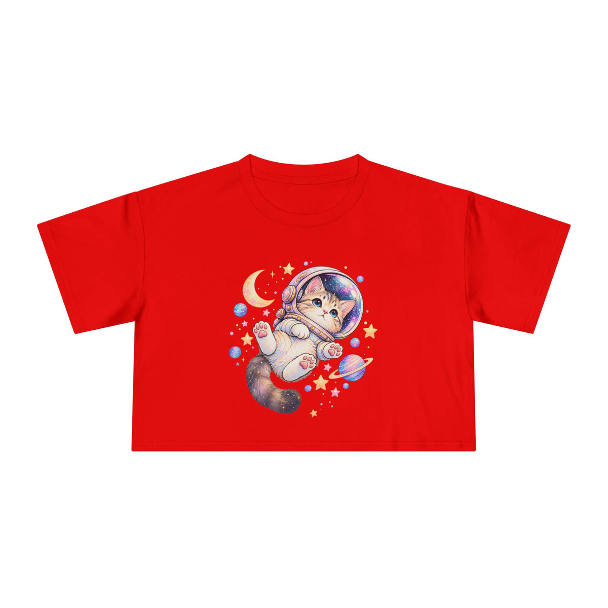 Astronaut Kitten Crop Tee, Cute Pastel Space Cat Helmet Moon Planets Stars Kawaii Women's Cropped T-Shirt