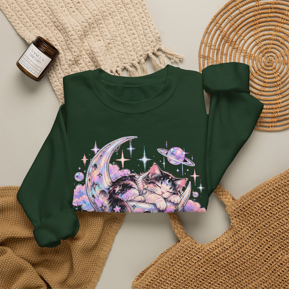 Sleeping Cat on Crescent Moon Sweatshirt Pastel Kawaii Celestial Kitten Crewneck