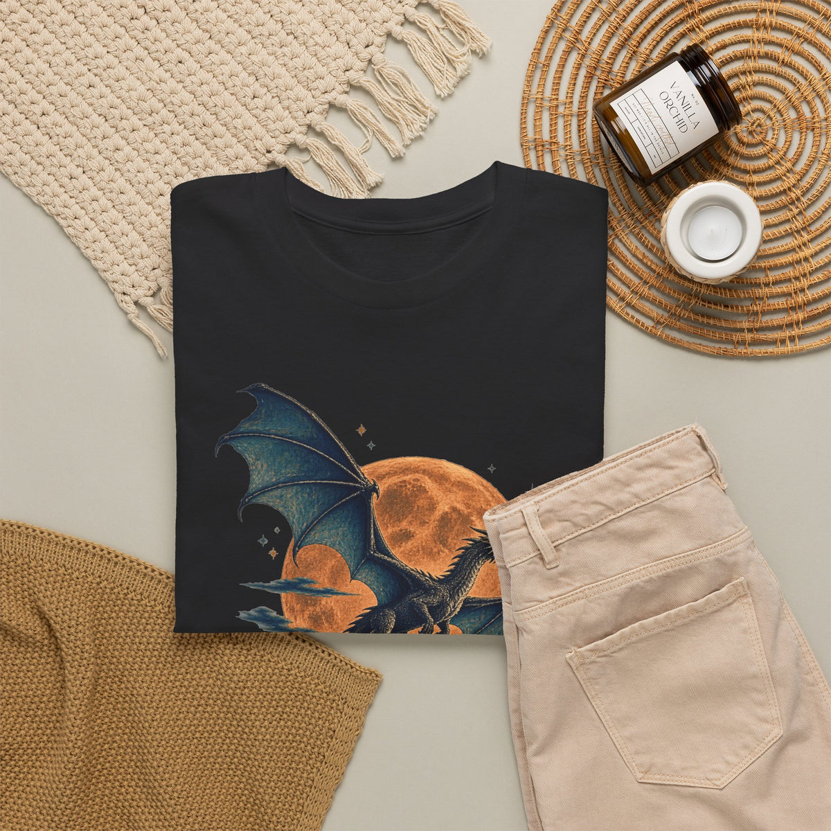 Dragon Full Moon Pine Forest T-Shirt Woodcut Fantasy Dragon Orange Moon Mountains Tee