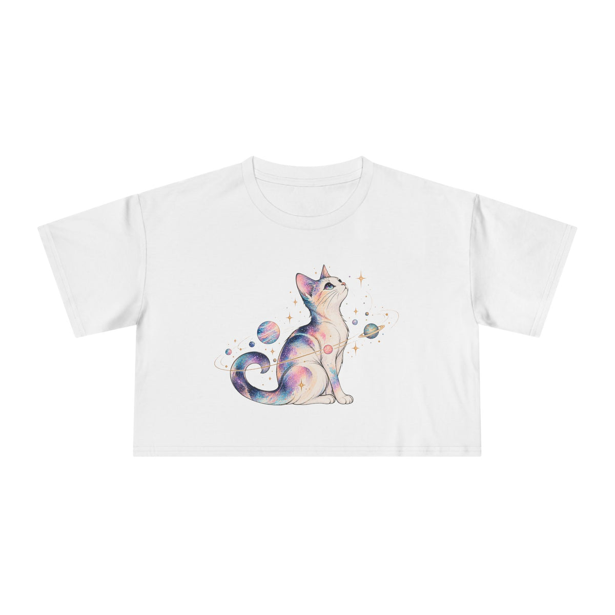 Cosmic Galaxy Cat Crop Tee, Pastel Watercolor Cat Planets Gold Stars Celestial Women's Cropped T-Shirt