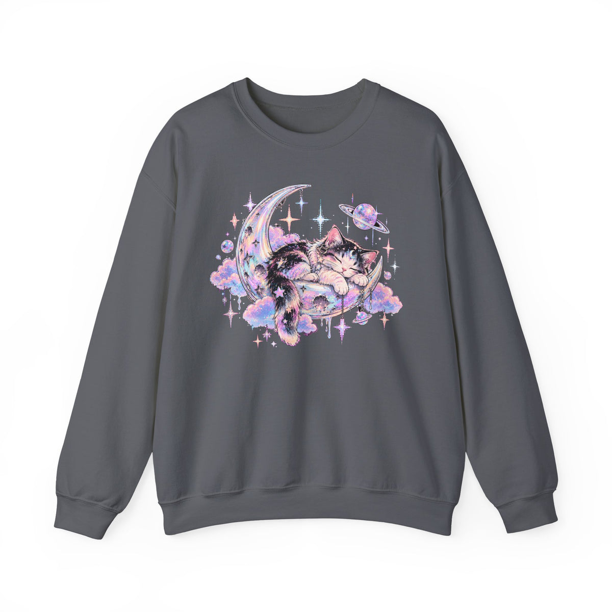 Sleeping Cat on Crescent Moon Sweatshirt Pastel Kawaii Celestial Kitten Crewneck