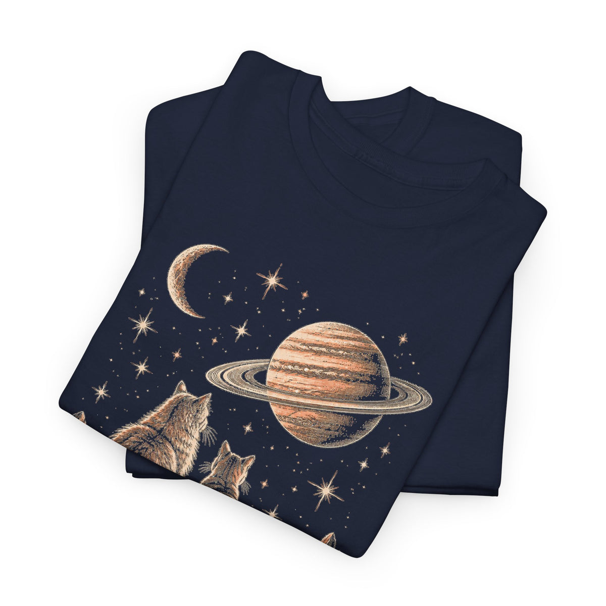 Celestial Space Cats T-Shirt Vintage Woodcut Cats Watching Stars Moon Saturn Tee