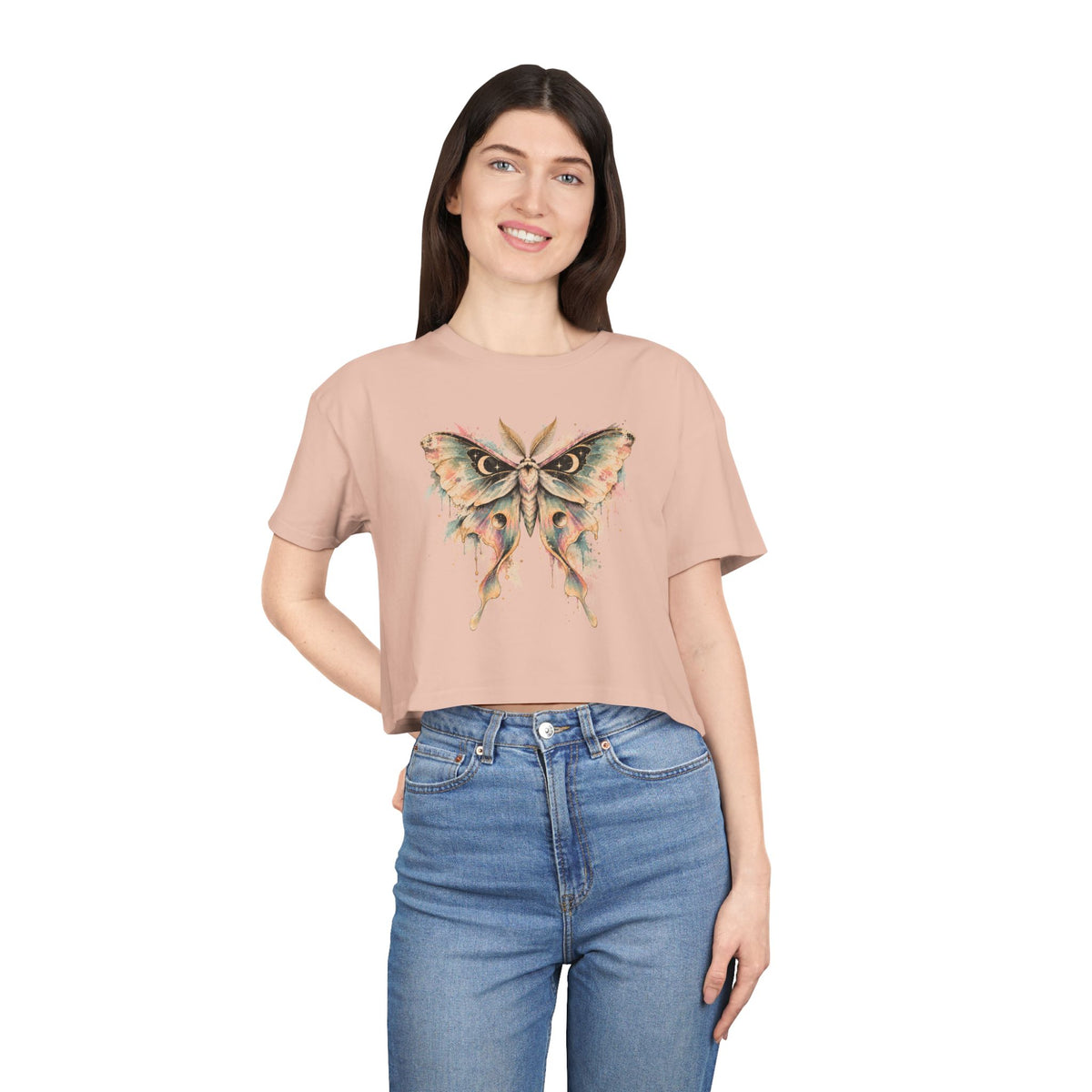 Celestial Luna Moth Crop Tee, Pastel Watercolor Moth Crescent Moon Stars Paint Drip Women's Cropped T-Shirt