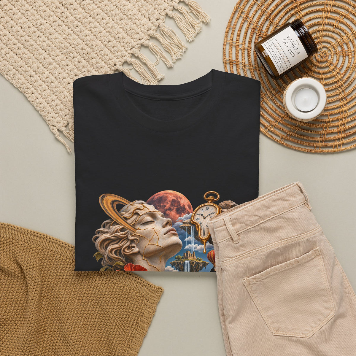 Surreal Kintsugi Bust T-Shirt Melting Clock Floating Islands Celestial Tee