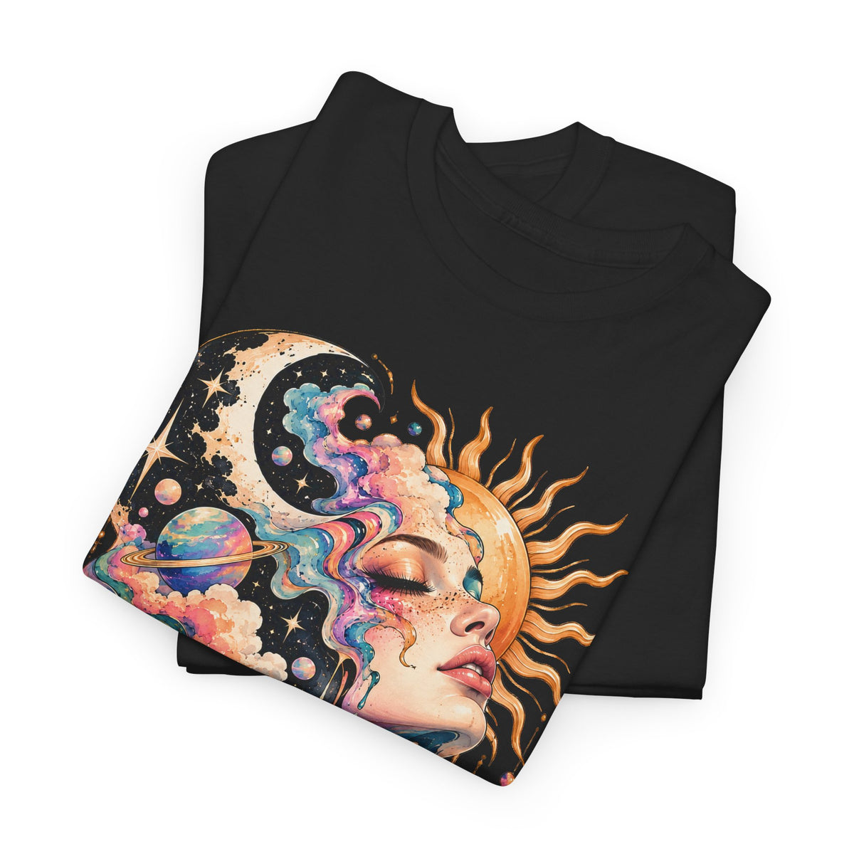 Celestial Sun and Moon Woman T-Shirt, Pastel Cloud Hair Melting Drip Planets Stars Graphic Tee Unisex