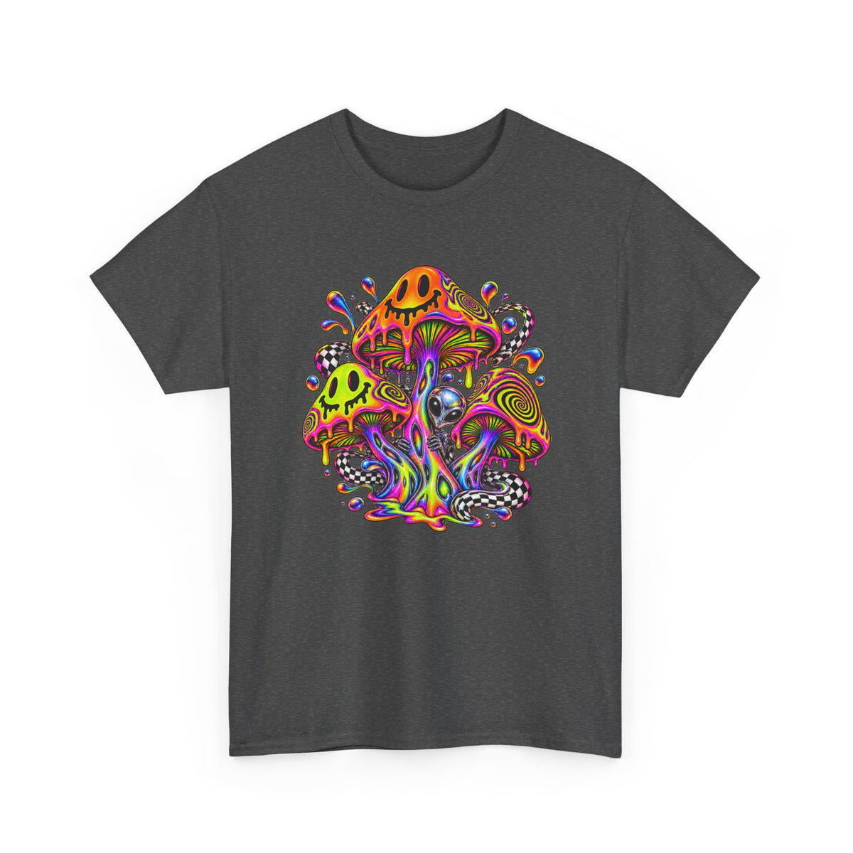 Neon Smiley Mushrooms T-Shirt Acid Alien Trippy Psychedelic Tee