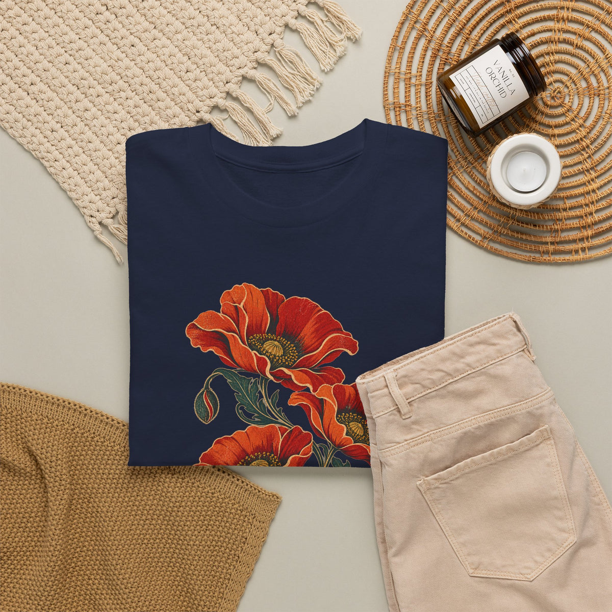 Orange Poppies Botanical T-Shirt Gold Outline Vintage Floral Tee