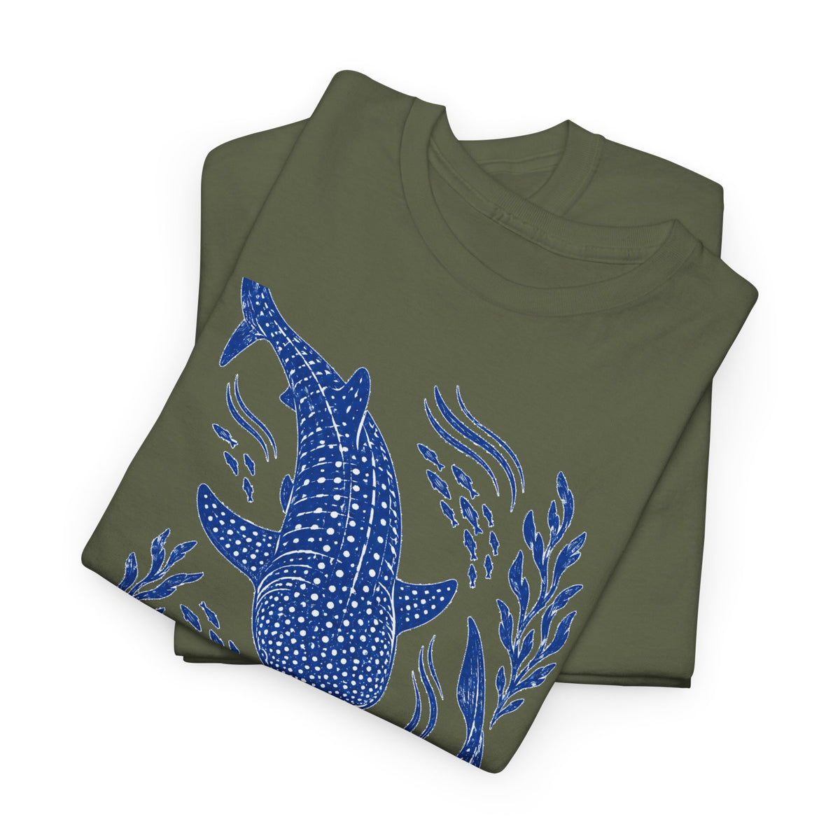 Whale Shark Linocut T-Shirt Blue Block Print Ocean Seaweed Fish Tee