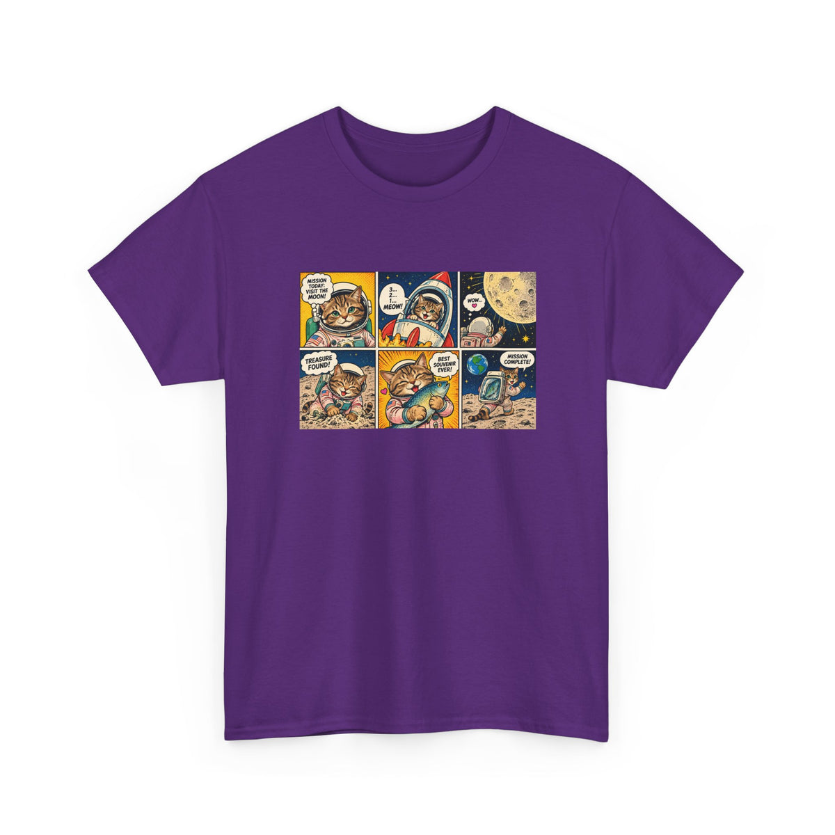 Astronaut Cat Comic T-Shirt, Space Cat Moon Mission Fish Funny Comic Strip Graphic Tee Unisex