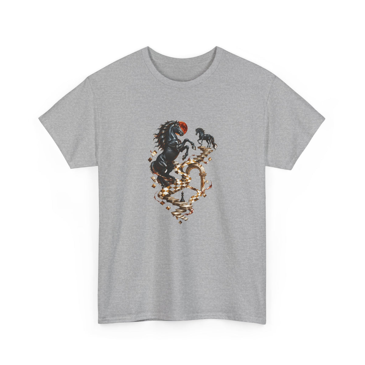 Surreal Black Horses Chess Fantasy T-Shirt Rearing Stallions Stairs Moon Tee