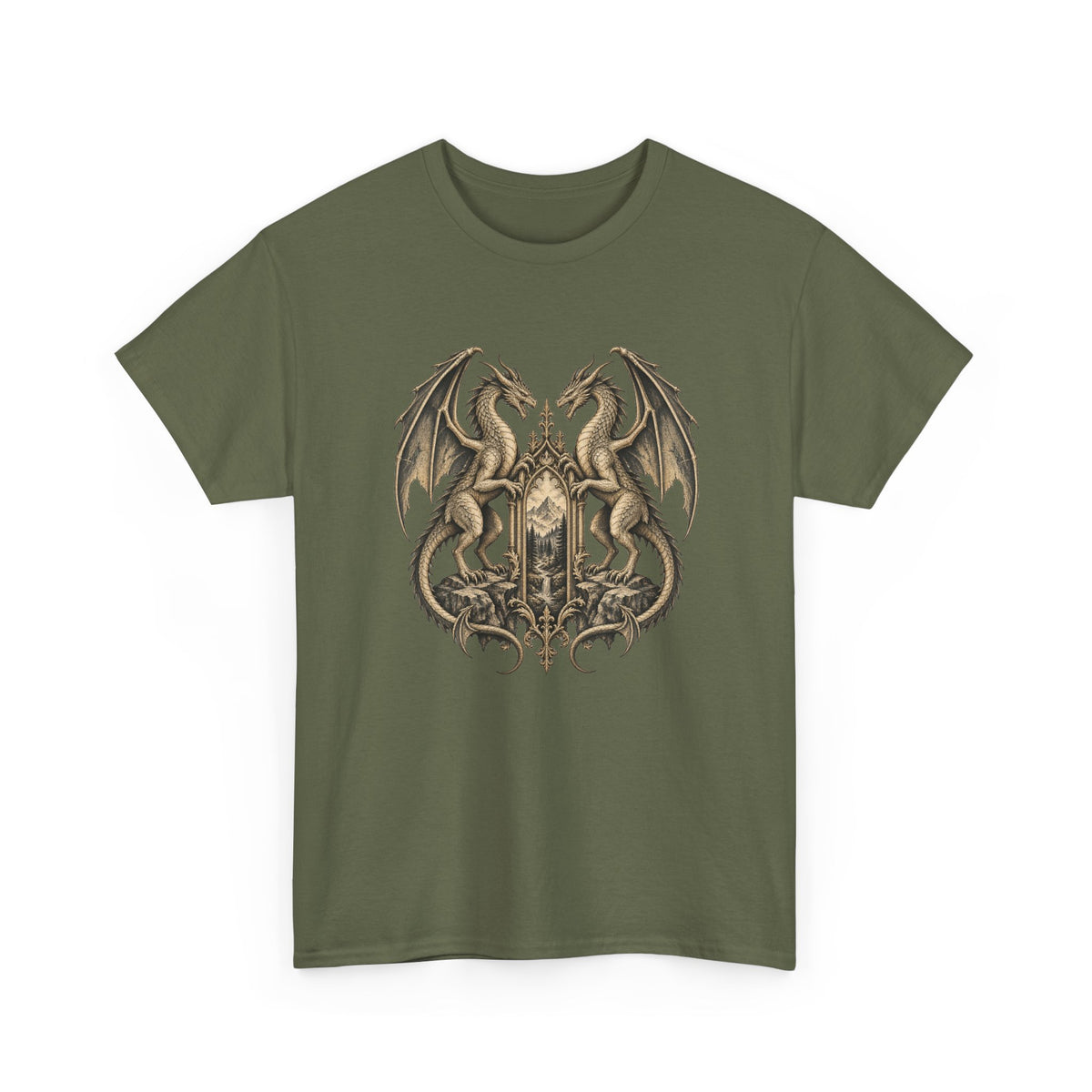 Twin Dragons Gate T-Shirt Fantasy Mountain Portal Dragon Tee