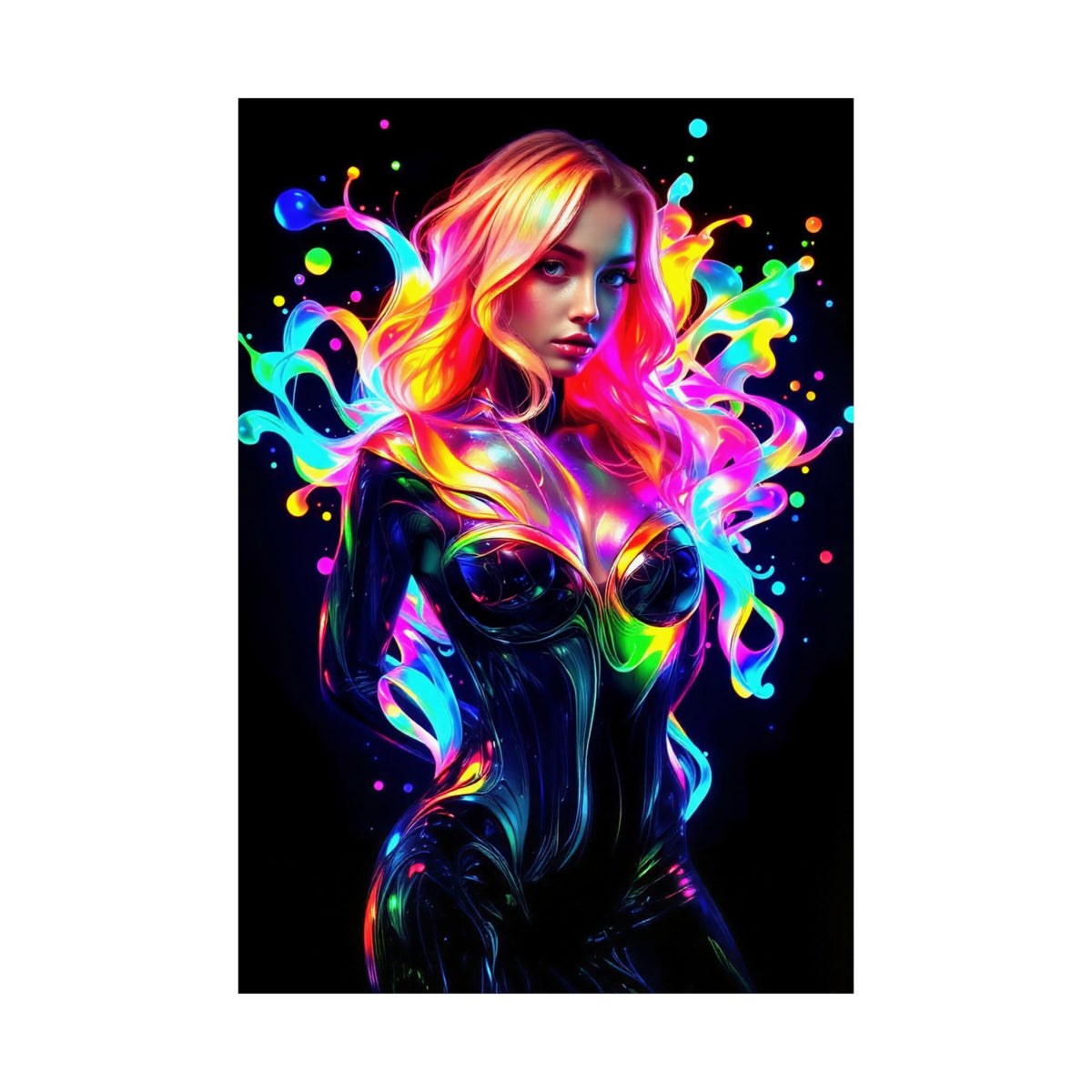 Neon Splash Rainbow Hair Woman Poster Matte Vertical Wall Art