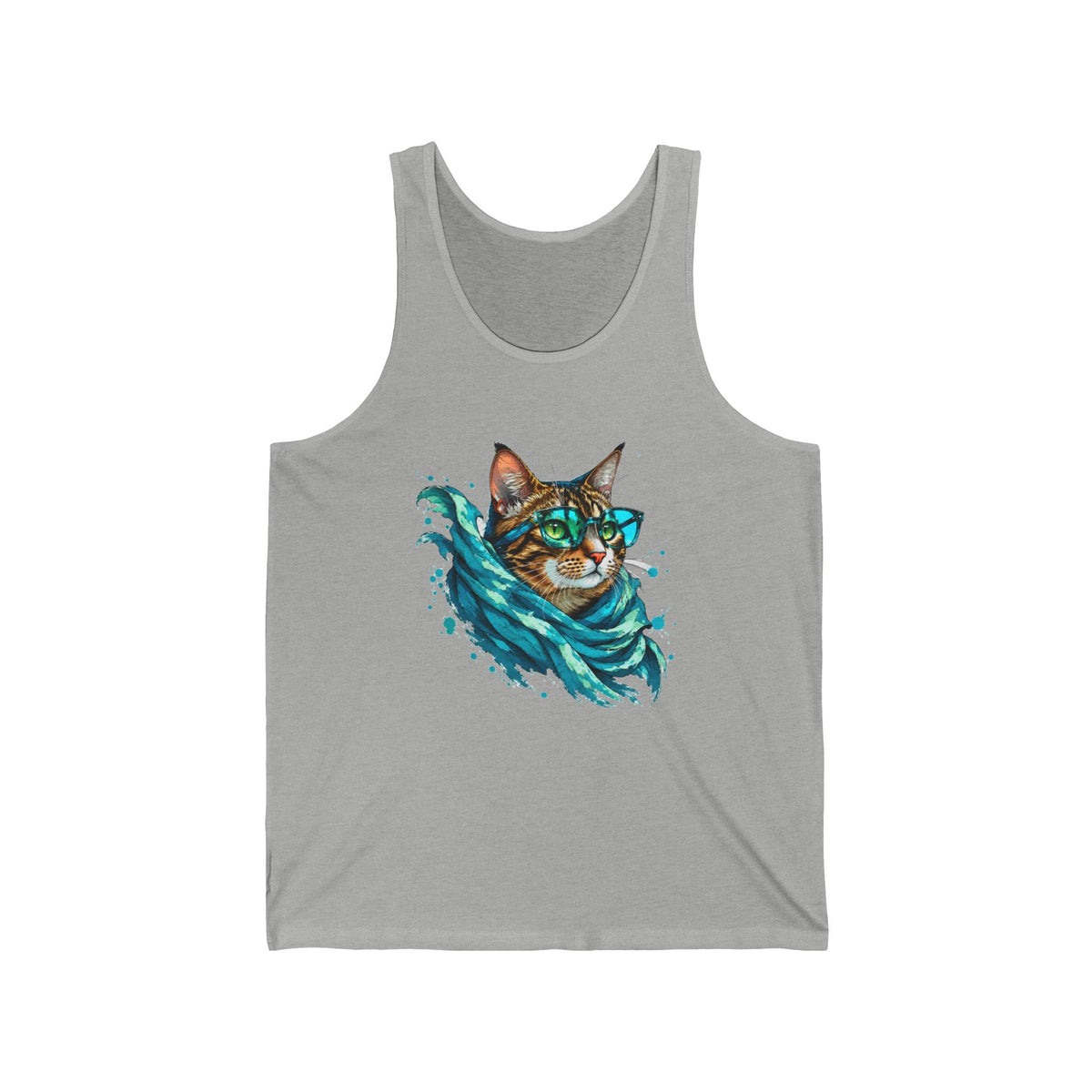Tabby Cat in Glasses and Scarf Tank Top Cool Hipster Cat Teal Splash Art